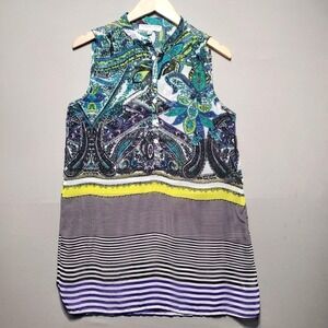 August Silk Paisley Sleeveless Tunic Top Womens Small Blue Chiffon Sheer‎ Boho